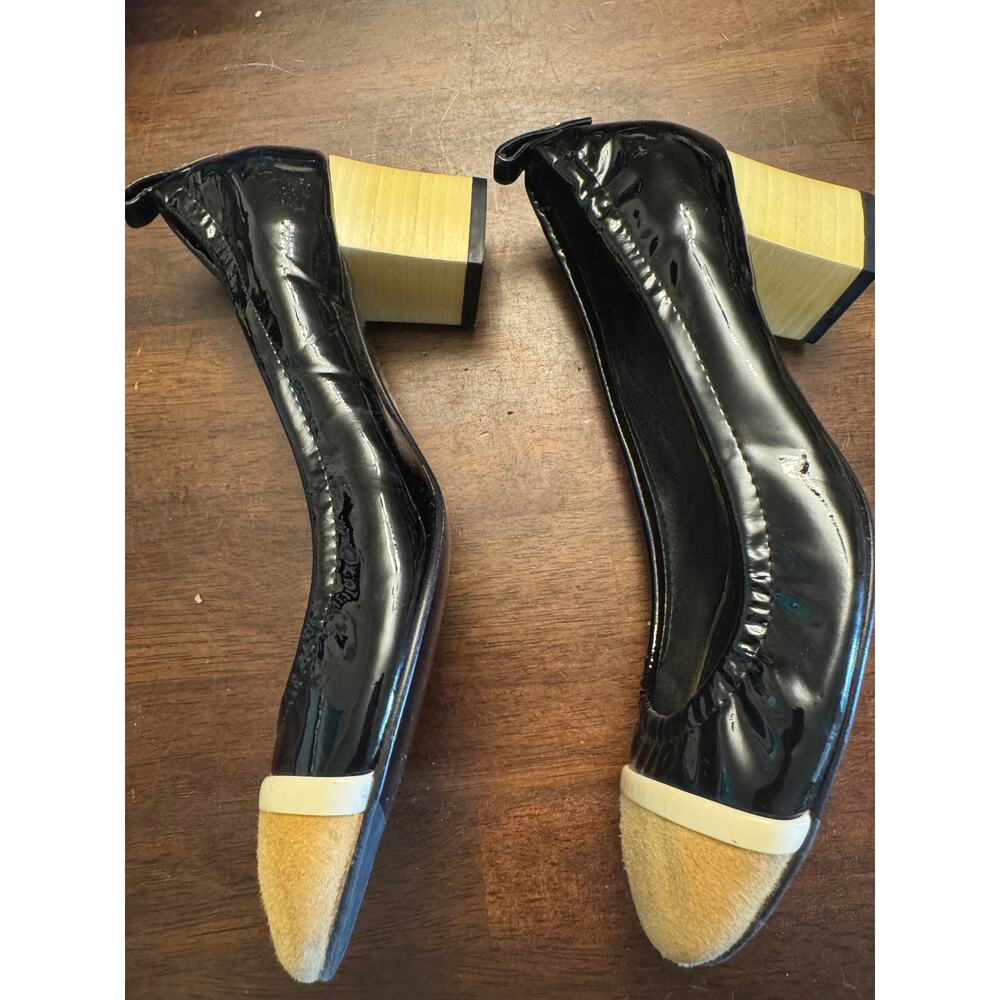 Lanvin cube-heel cap toe ballet pumps black patent leather women's size 37/ 7 - Picture 4 of 6